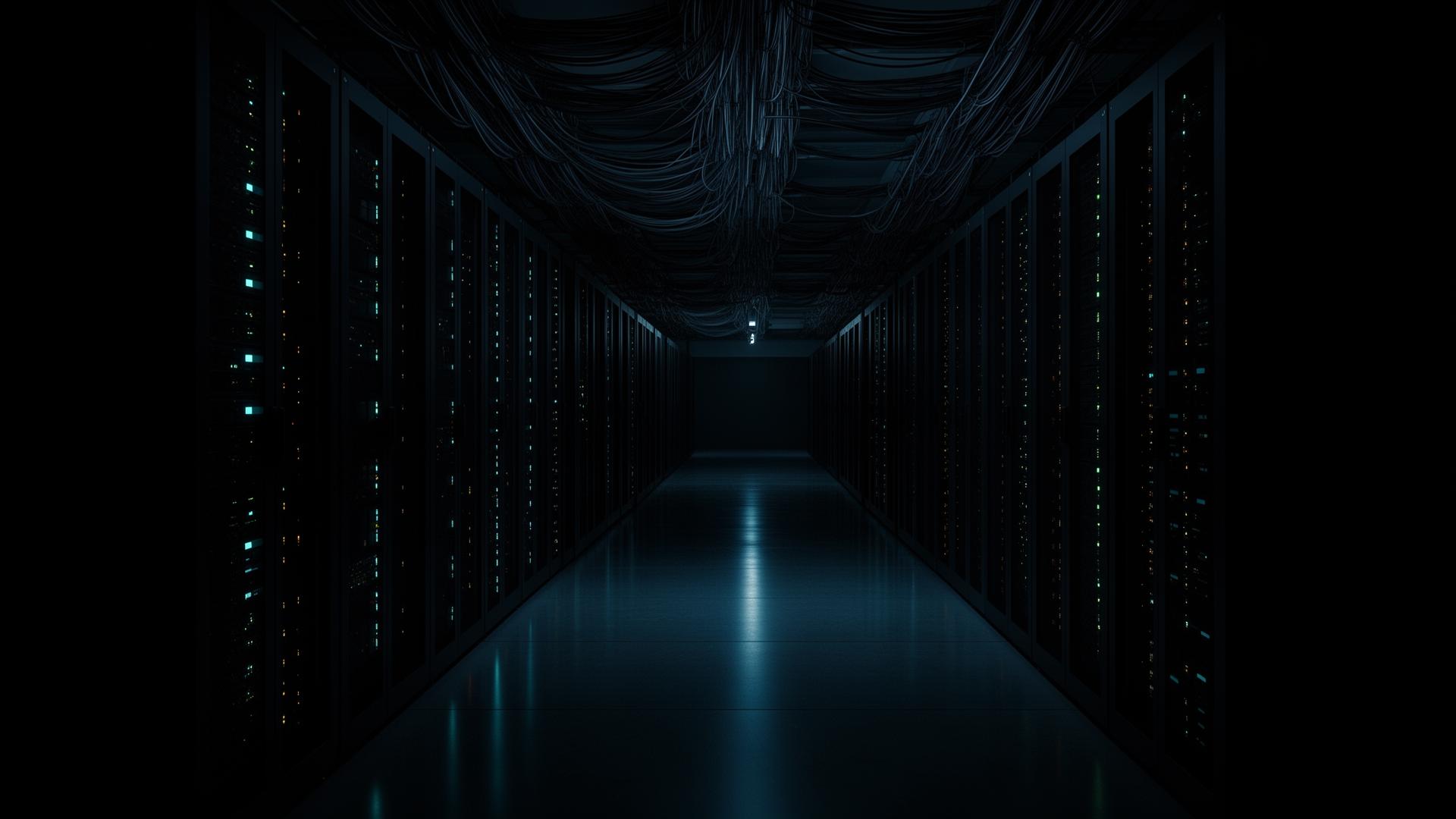 Dark datacenter corridor of server racks, the operating layer that powers every AI tool