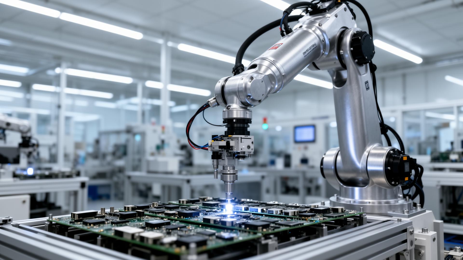Industrial robotic arm in automated manufacturing environment