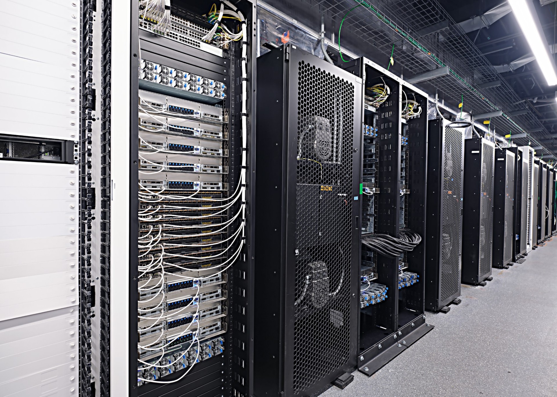 Aerolink Technologies high-security GPU data center corridor with NVIDIA server racks and liquid cooling